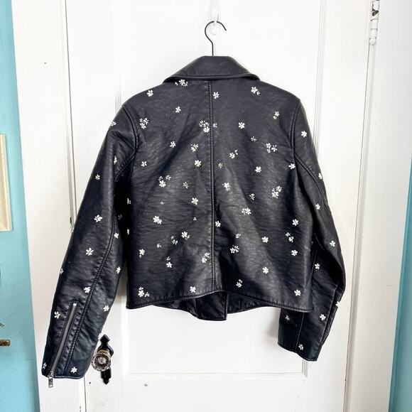 Abercrombie & Fitch Faux Leather Daisy Painted Black Moto Jacket Floral Unique - Picture 10 of 14